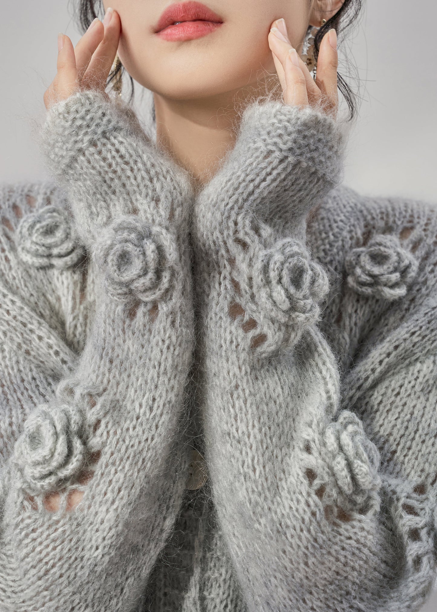 Grey Hollow Out Button Knit Coats Fall