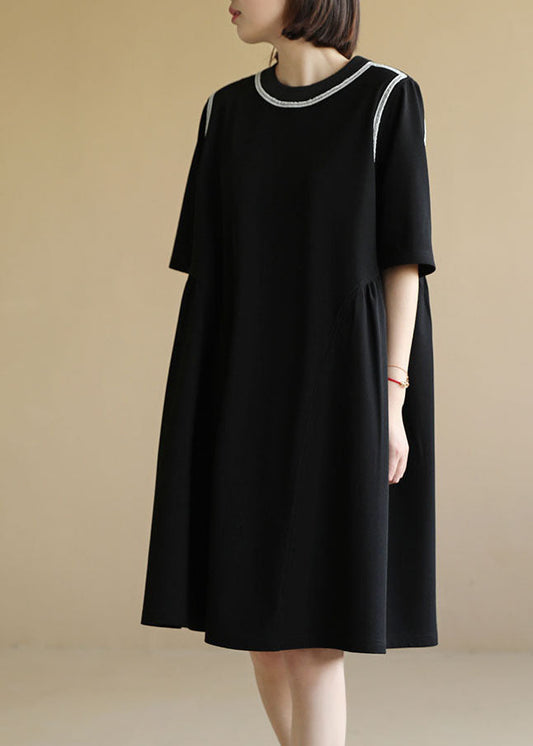 Italian Black O-neck Patchwork Knit Cinch Mid Dress Short Sleeve