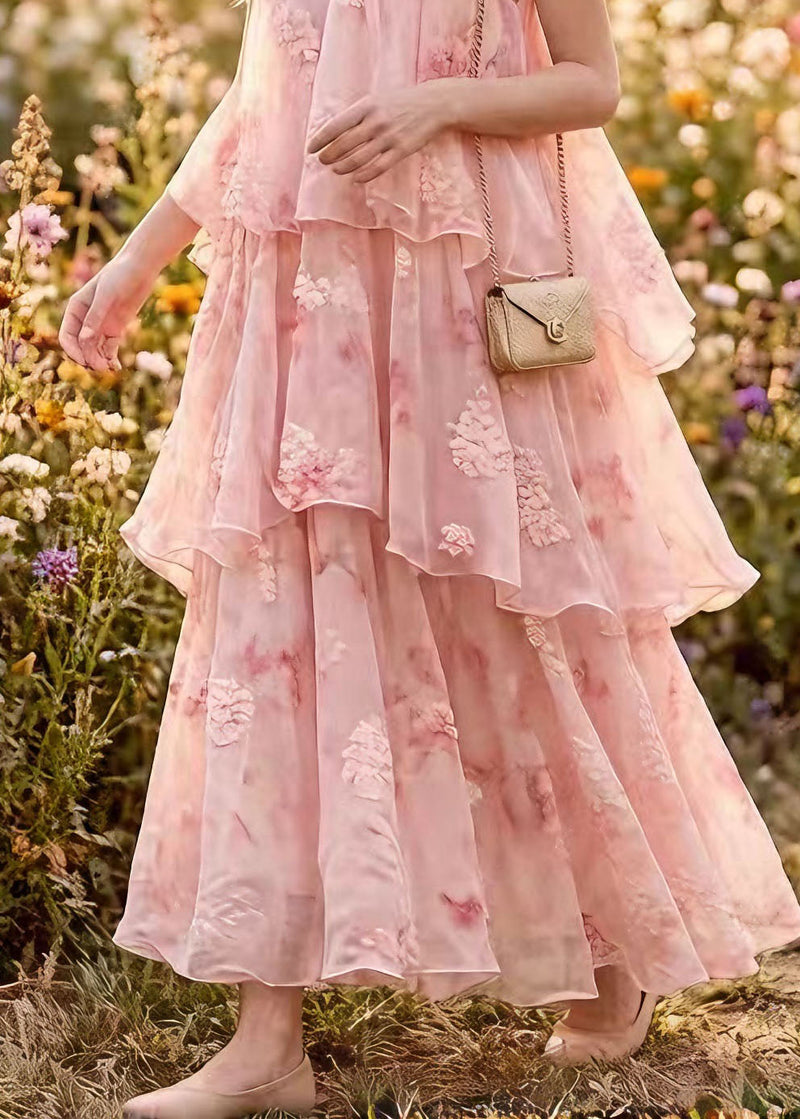 French Pink Ruffled Patchwork Chiffon Maxi Dresses Summer