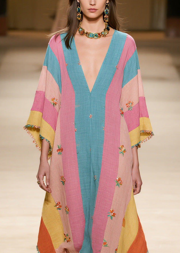 Colorblock V Neck Print Cotton Dress Summer
