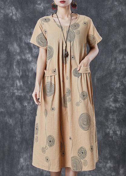 Khaki Print Pockets Cotton Holiday Dress Summer