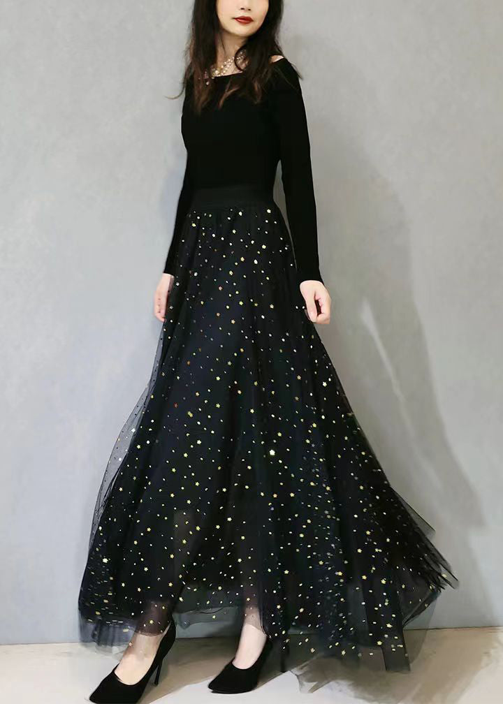 Black Print Wrinkled Elastic Waist Tulle Skirts Spring