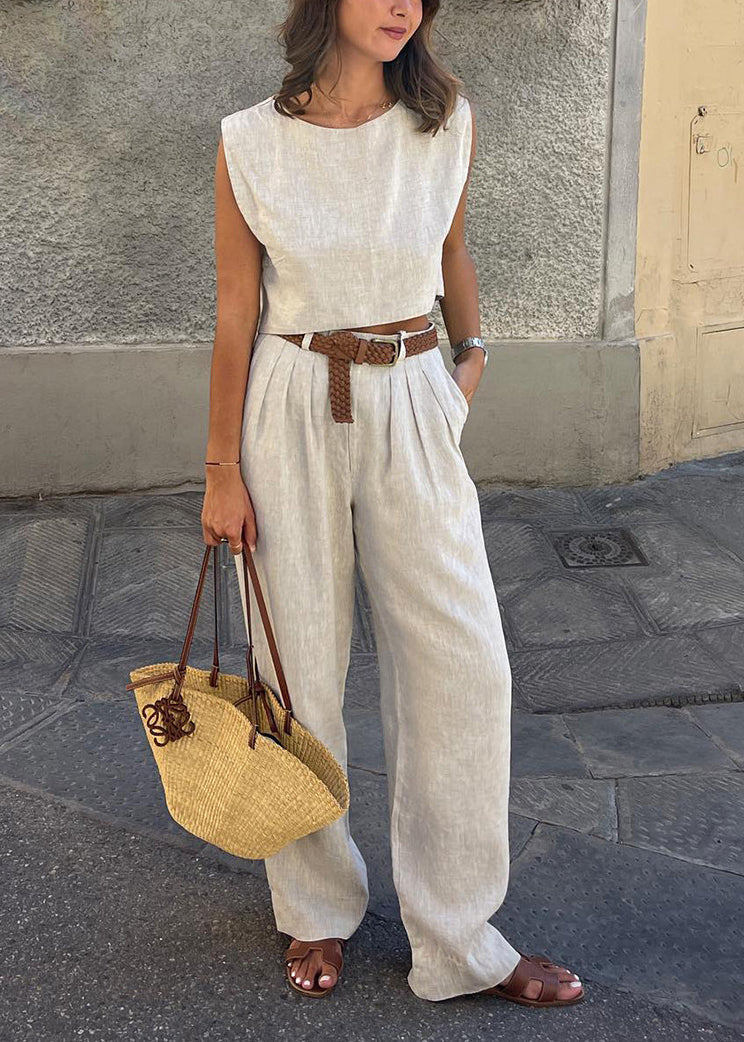 Beige Linen Vests and Wide Leg Pants Two-piece Set Sleeveless