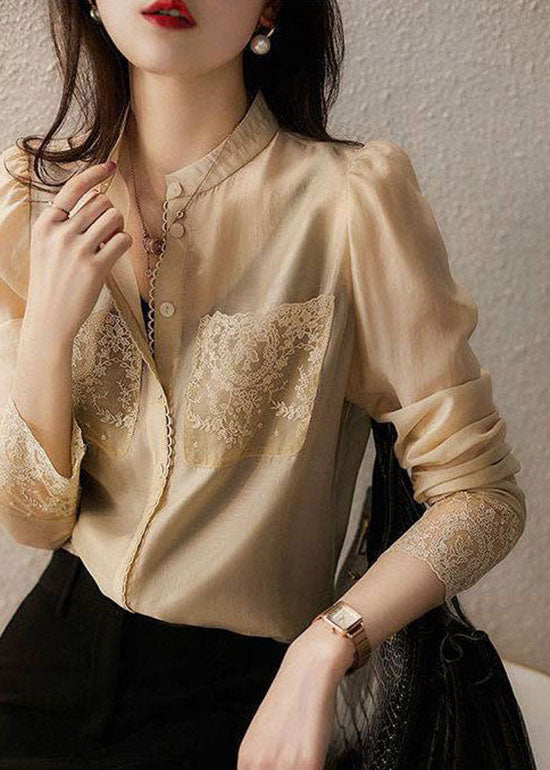 Apricot Stand Collar Button Lace Patchwork Chiffon Blouse Top Spring