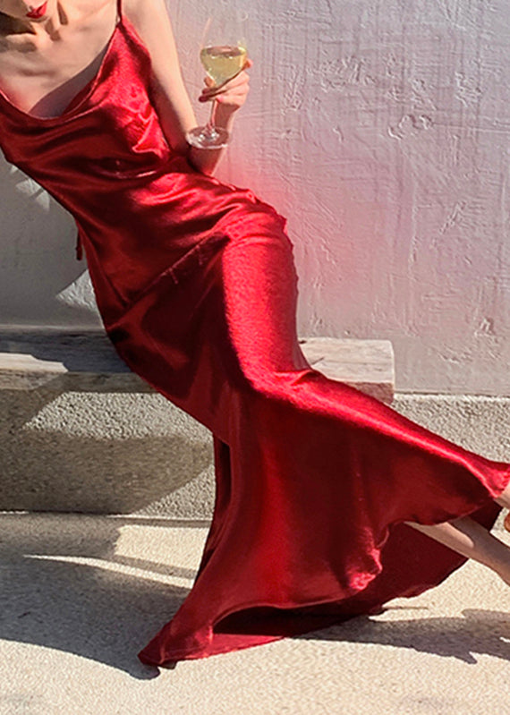 Red V Neck Silk Long Spaghetti Strap Dress Summer
