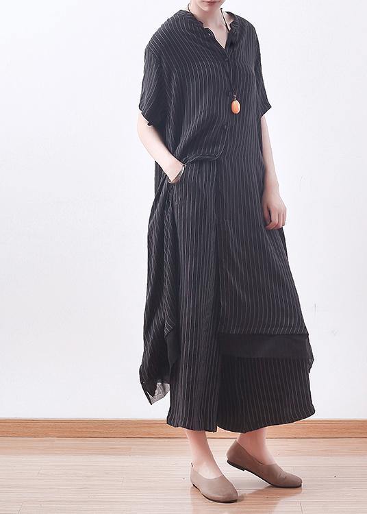Stylish Black Striped Silk Button Summer Two Pieces Set