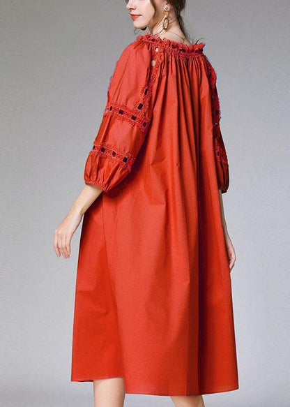 Loose Yellow Hollow Out Embroideried Fall Cotton Half Sleeve Dress