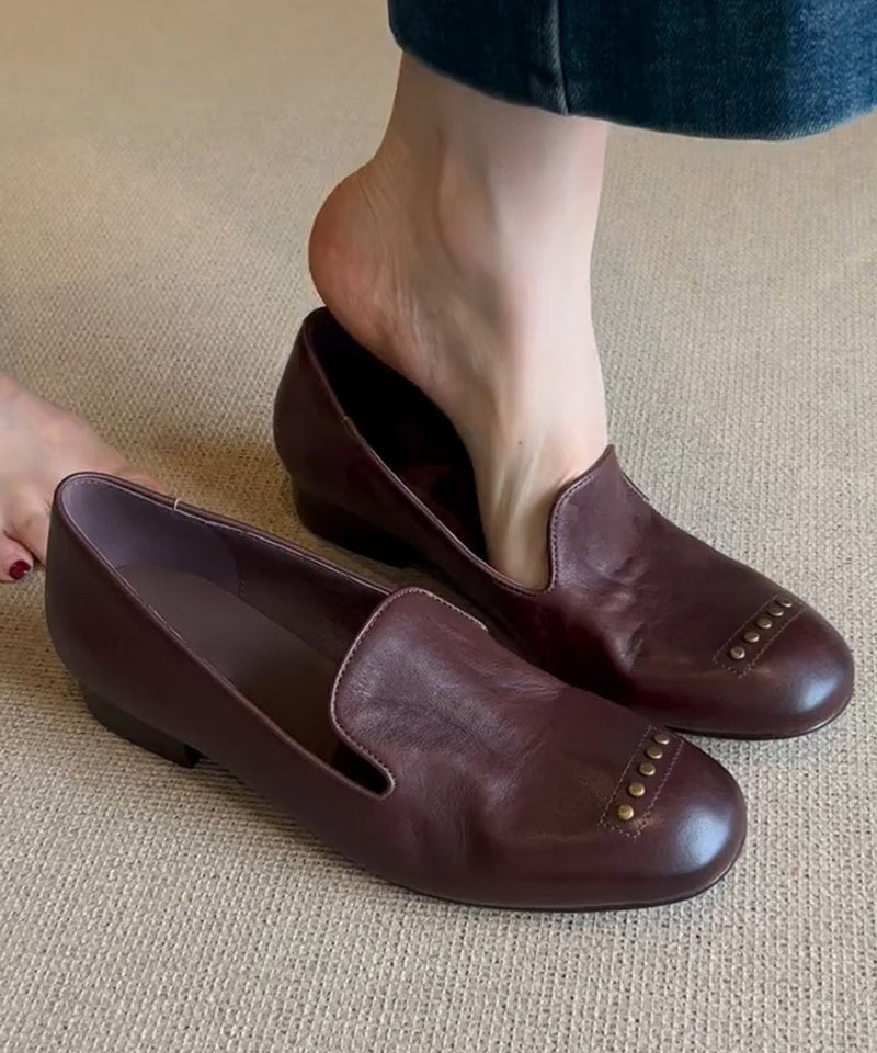 Brown Faux Leather Rivet Splicing Loafers for