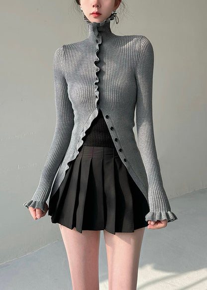 Grey Turtleneck Button Knit Sweater Butterfly Sleeve
