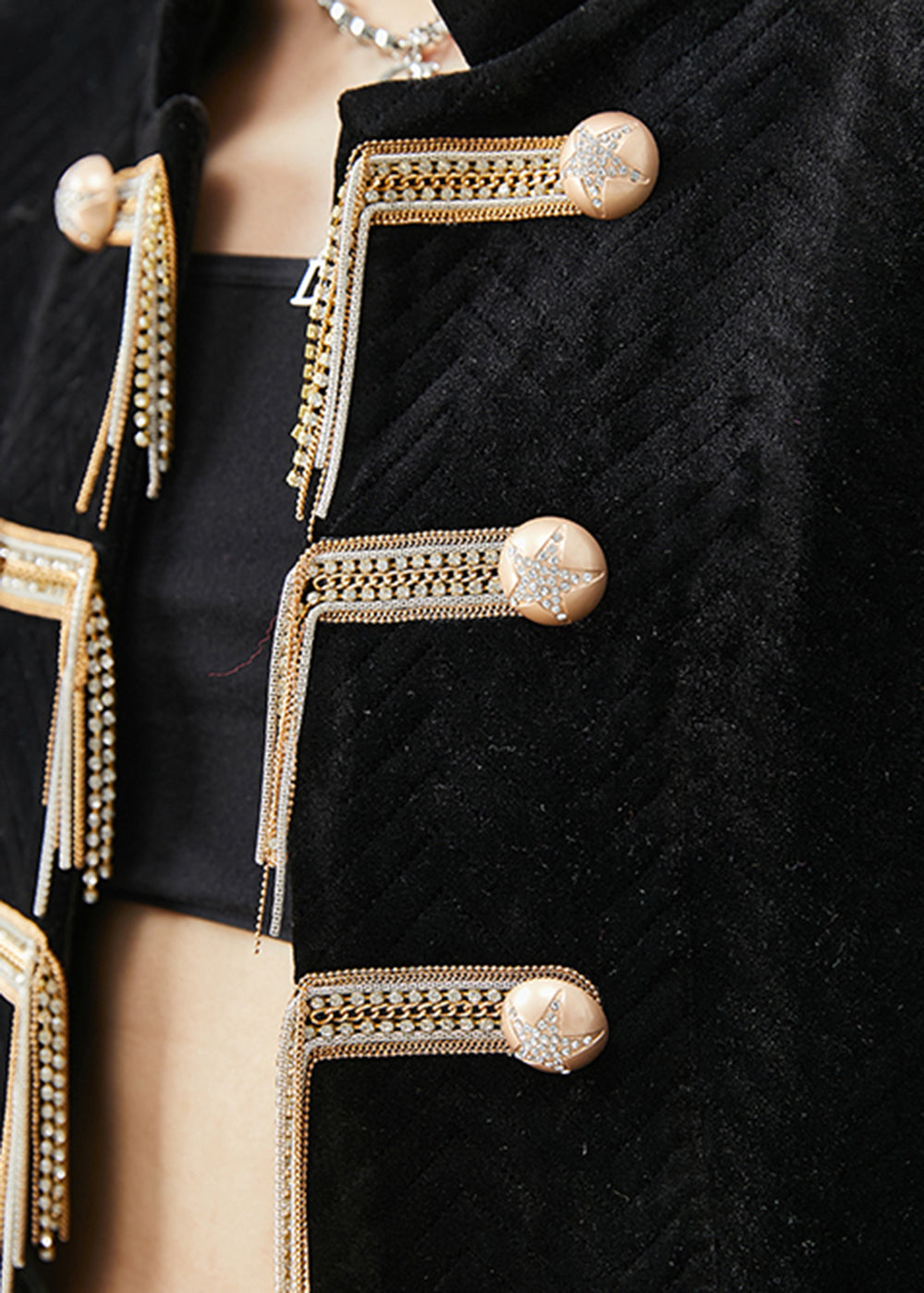 Black Tasseled Metal Buttons Silk Velour Jacket Fall