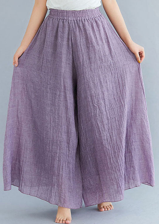 Purple Elastic Waist Linen Wide Leg Pants Summer