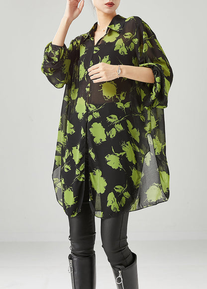 Green Print Chiffon Upf 50+ Shirt Tops Oversized Fall