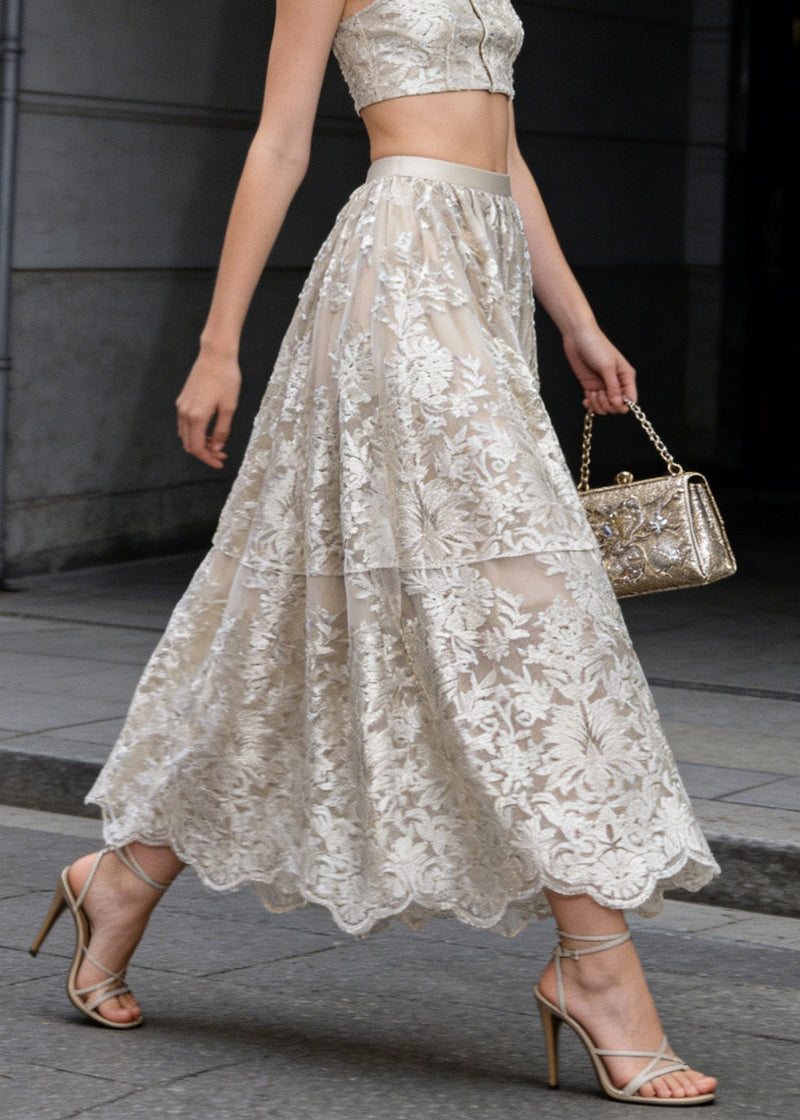 French Apricot Embroidered High Waist Tulle Skirts Spring