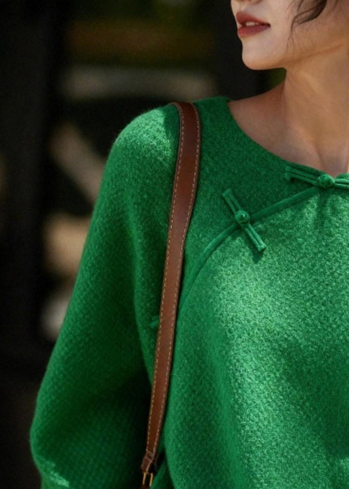 Chinese Style Green O-neck Patchwork Cozy Cotton Knit Sweater Fall