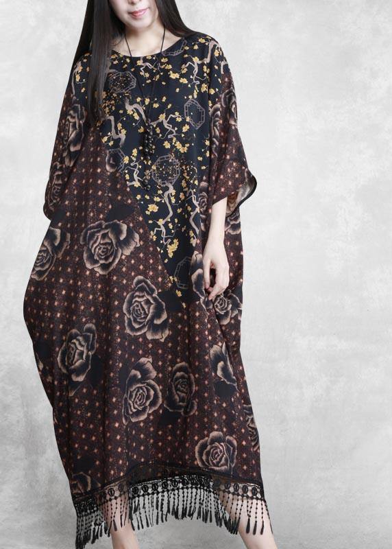 Style Chocolate Print Quilting Clothes O Neck Tassel Spring Dresses