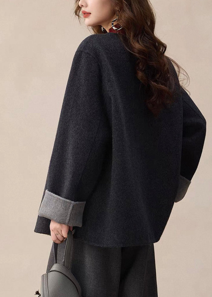 Dark Grey O-neck Button Woolen Coats Spring