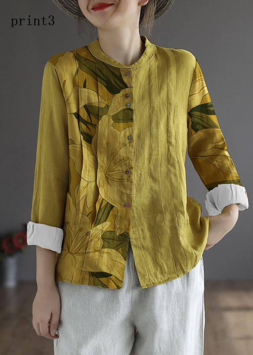 White Flower Button Fall Top Long Sleeve Linen