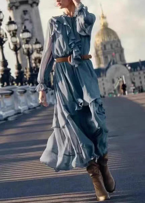 New Blue Ruffled Sashes Chiffon Long Dresses Fall
