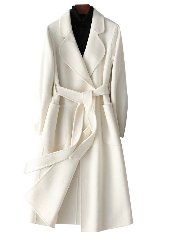 White Notched Tie Waist Woolen Long Coats Fall