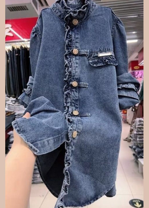 New Blue Ruffled Button Denim Blouse Long Sleeve Spring