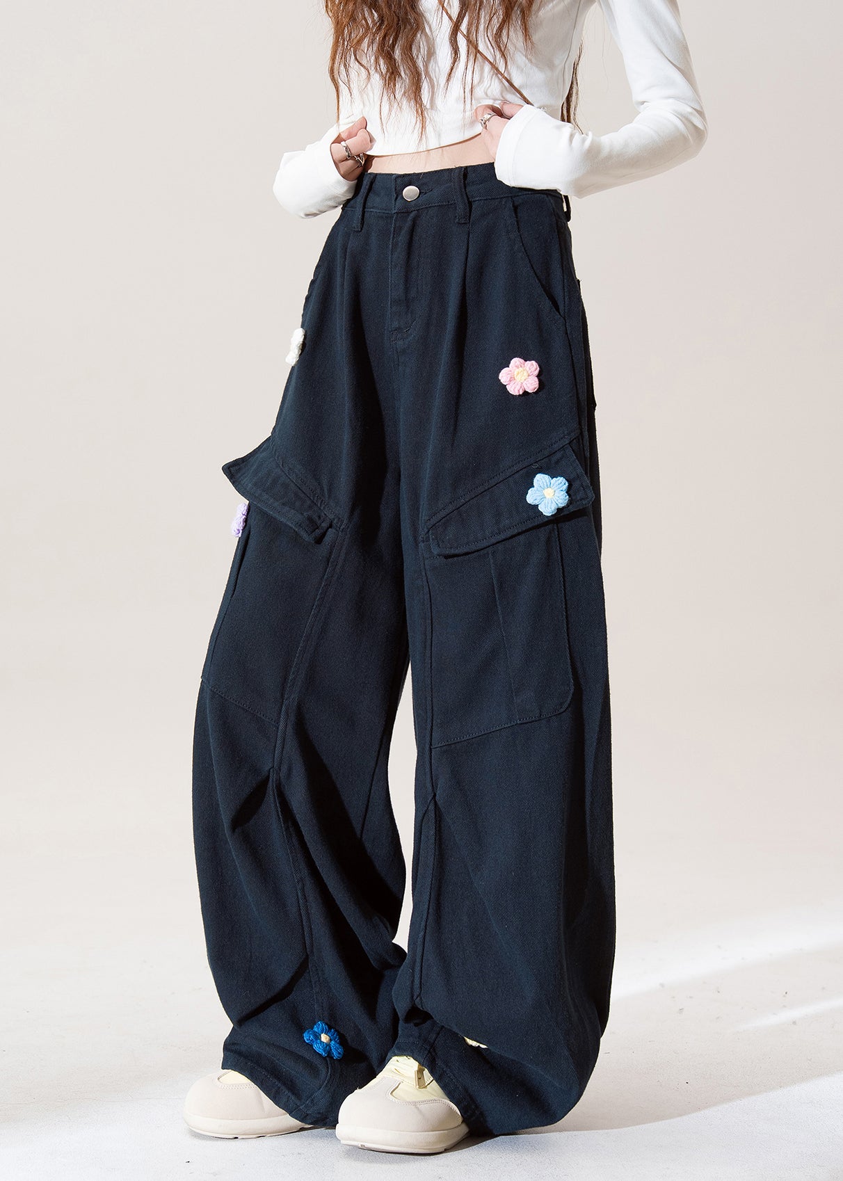 Stylish Navy Embroidered Pockets Cotton Pants Fall