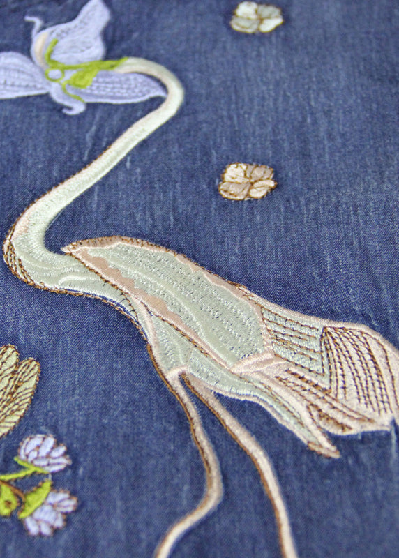 Blue Drawstring Wrinkled Peter Pan Collar Embroideried Patchwork Cotton Maxi Dresses Long Sleeve