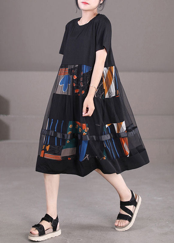Fine Black O-neck Tulle Patchwork Print Cotton Party Dress Short Sleeve