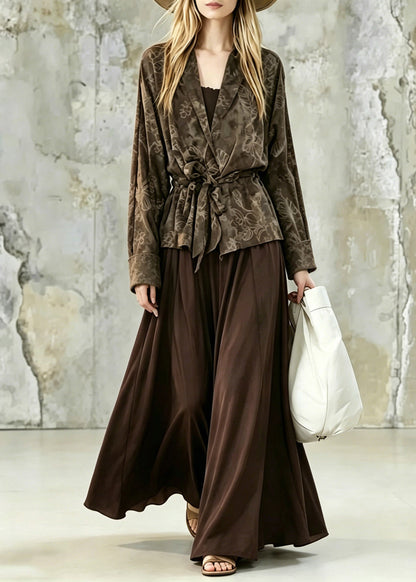 Print Tie Waist Shirt and Maxi Skirts Two Pieces Set Fall