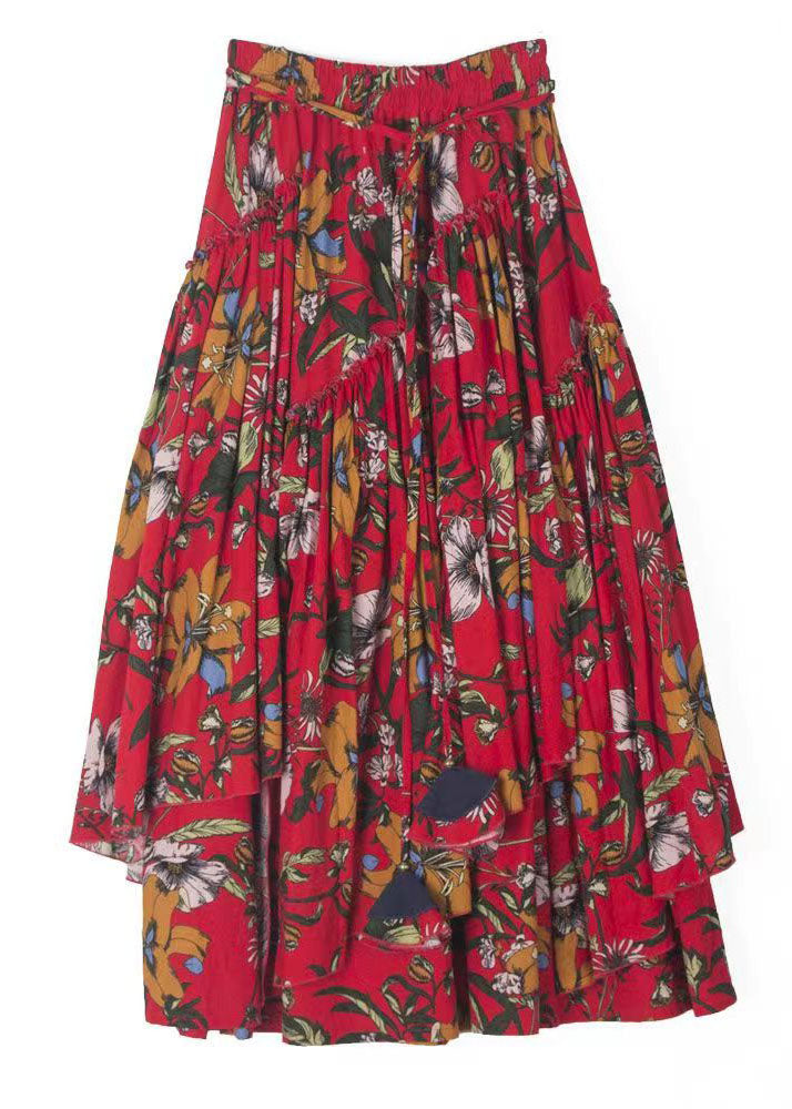 Classy Red Ruffled Patchwork Tie Waist a Line Skirt