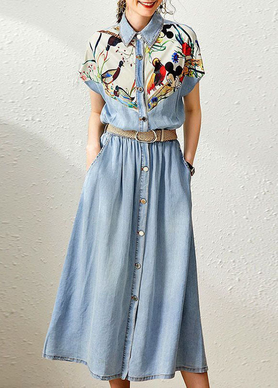 Denim Blue Peter Pan Collar Patchwork Print Cinched Dresses Summer
