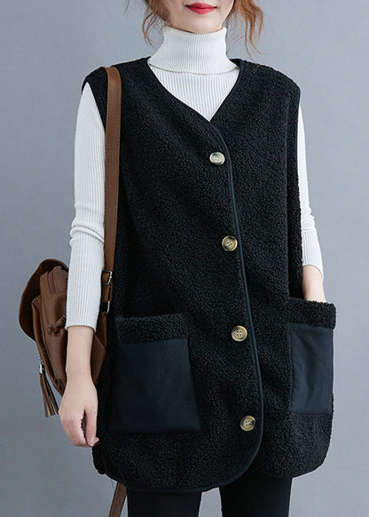 Black V Neck Patchwork Teddy Faux Fur Waistcoat Fall