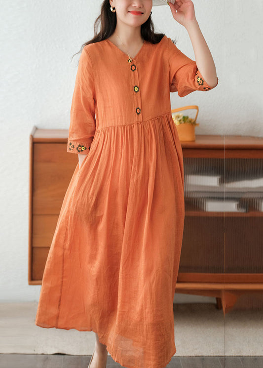 Orange Wrinkled Embroideried Linen Dress Two Piece Set Short Sleeve