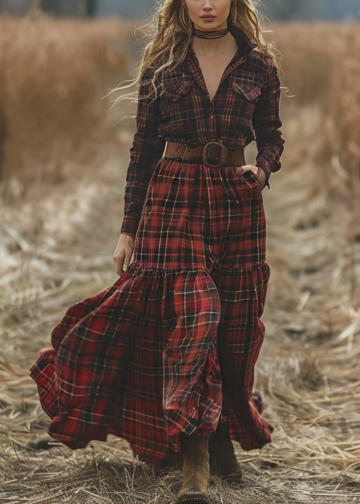 Retro Plaid Pockets Long Sleeve Pastoral Dresses