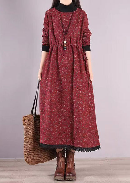 Red Print Drawstring Patchwork Warm Fleece Dresses Winter