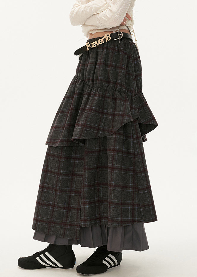 Grey Plaid False Two Pieces Patchwork Cotton Skirts Fall