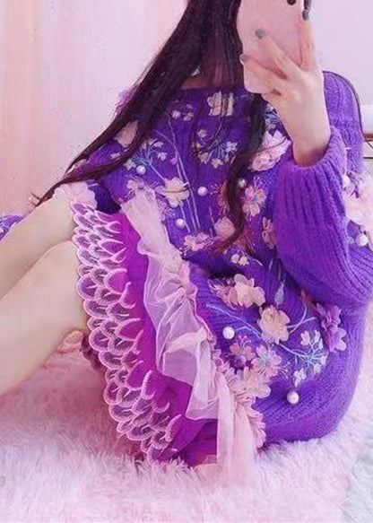 Handmade Purple O-neck Embroideried Tulle Patchwork Knit Mid Dresses Fall