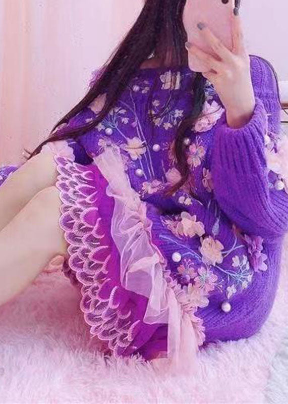 Handmade Purple O-neck Embroideried Tulle Patchwork Knit Mid Dresses Fall
