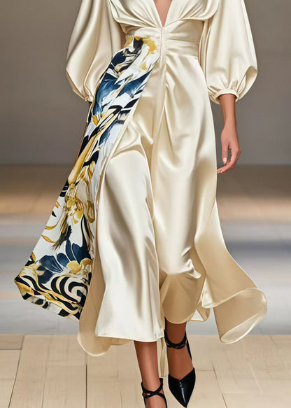 Diy Champagne Deep-v Neck Print Silk Party Dresses Bracelet Sleeve