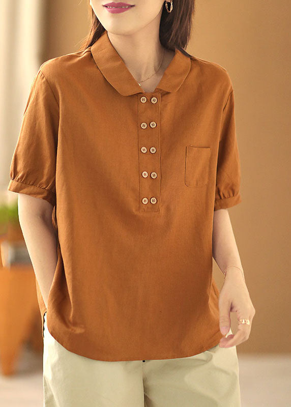 French Orange Color Turn-down Collar Double Breast Cotton Blouses Short Sleeve
