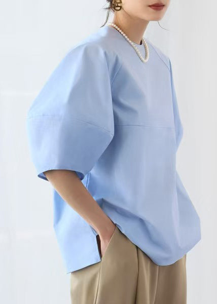 Blue O-neck Puff Sleeve Cotton Tops