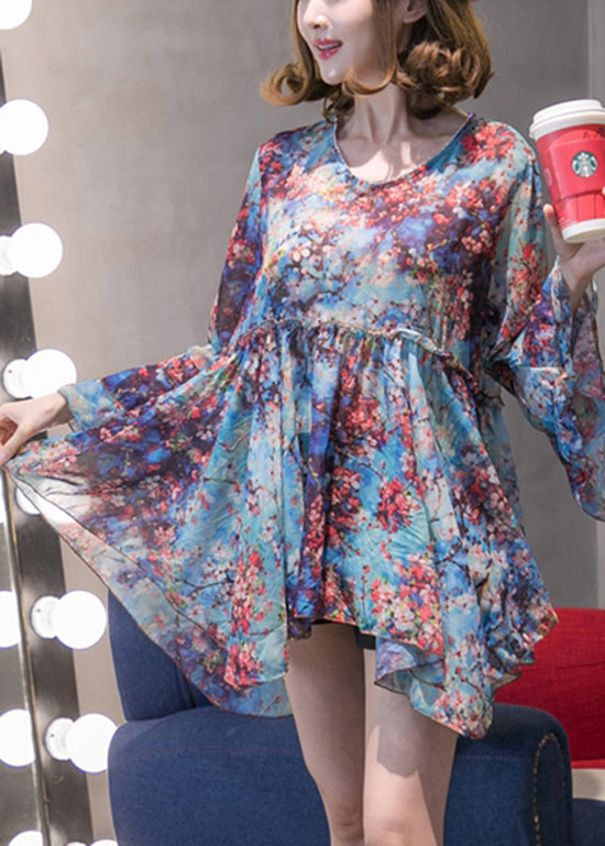 Blue Chiffon Shirt Tops Asymmetrical Design Flare Sleeve