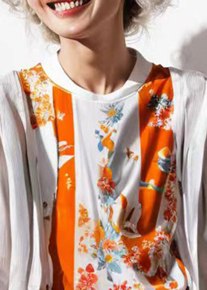 Stylish Orange O-neck Print Patchwork Fake Two Pieces Shirts Long Sleeve
