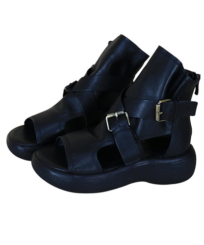 Black Sandals Boots Platform Cowhide Leather Splicing Peep Toe