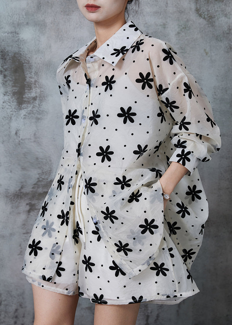 White Oversized Print Chiffon Two Piece Suit Set Summer