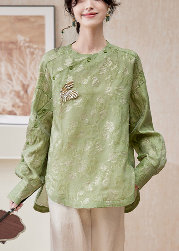 Chinese Style Green O-neck Butterfly Low High Design Chiffon Top Lanter Sleeve