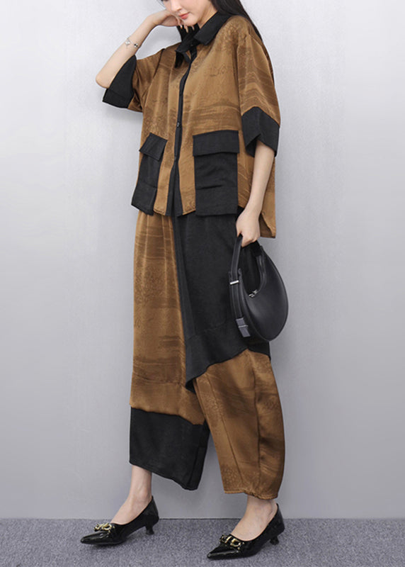 Khaki Patchwork Shirt and Crop Pants Two Pieces Set Short Sleeve