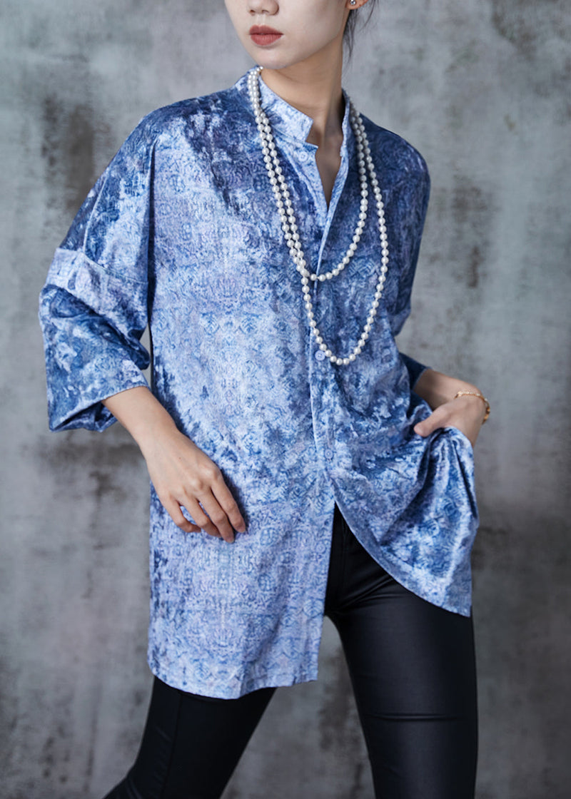 Art Light Blue Stand Collar Print Silk Velour Shirt Fall