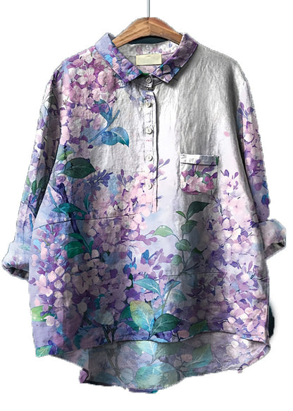 Purple Oversized Print Linen Shirt Top Spring