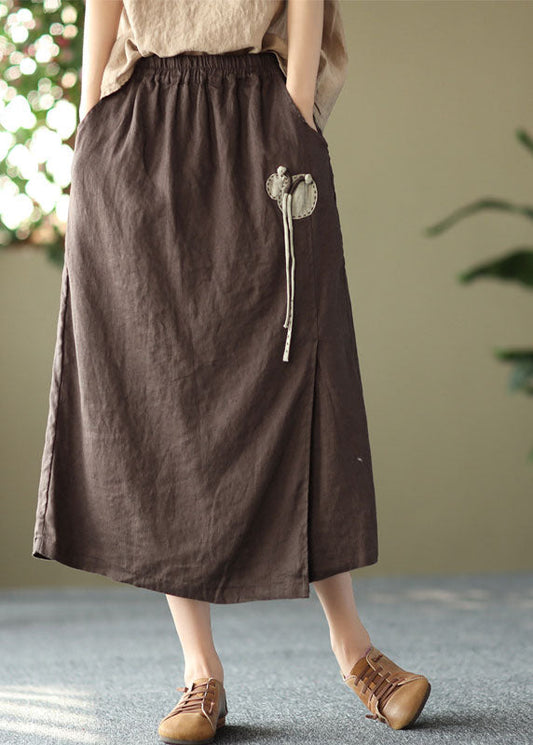 Chocolate Elastic Waist Side Open Linen a Line Skirts Summer