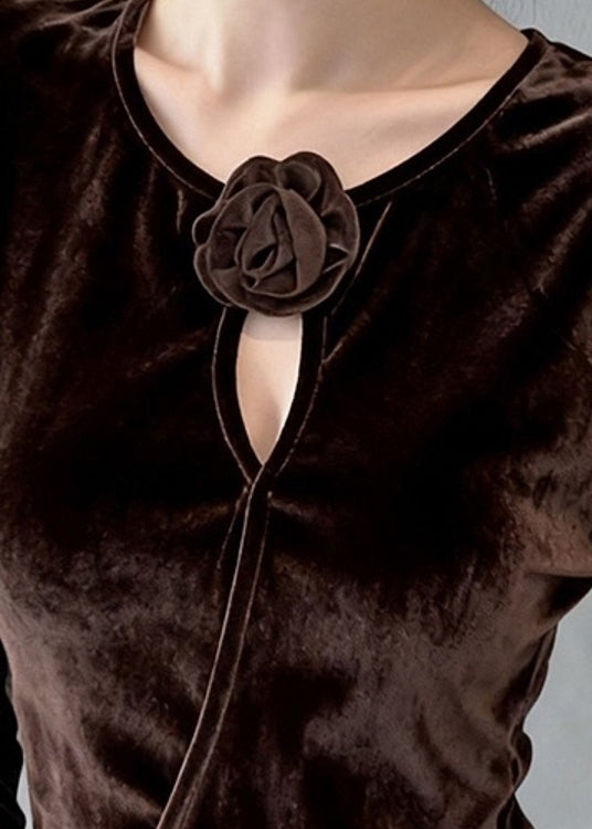Coffee O Neck Hollow Out Silk Velour T Shirt Top Winter